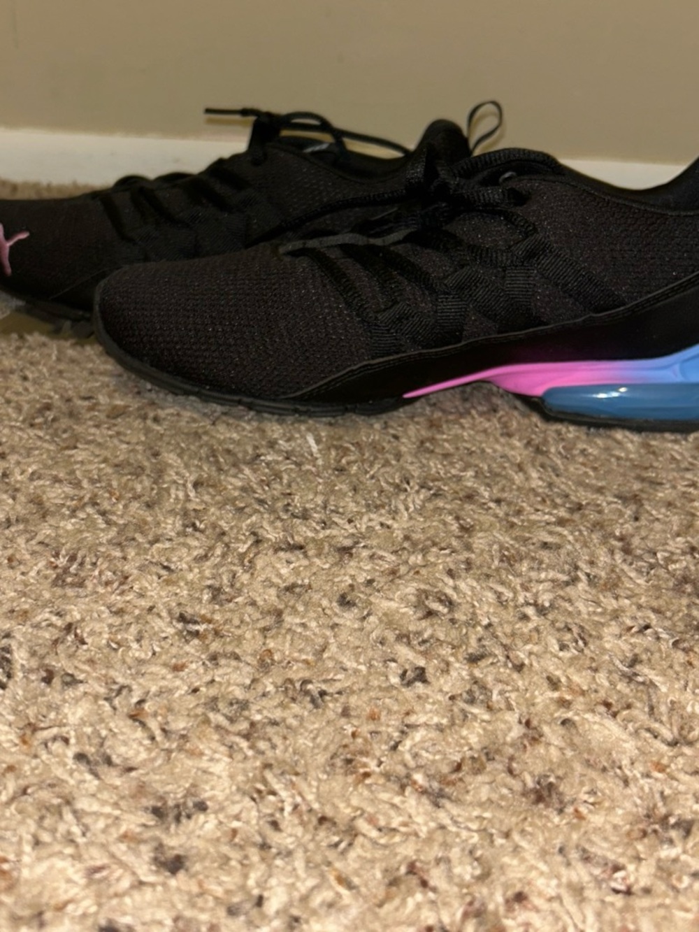 Puma Women's Black Knit Trainers with Pink and Blue Heel Accent